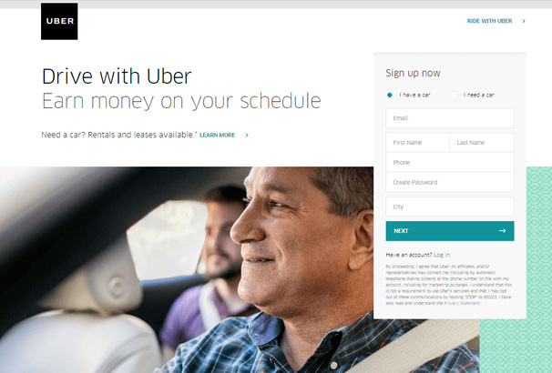 Uber's Landing Page for Signing up New Drivers