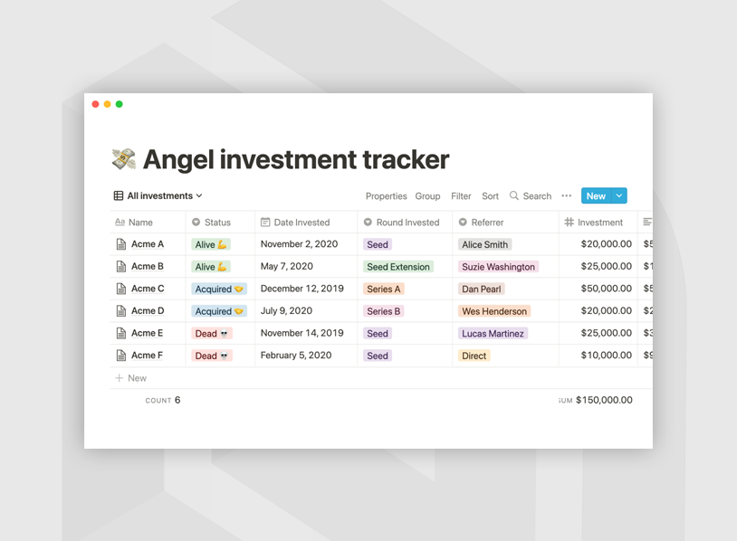 Angel investment tracker