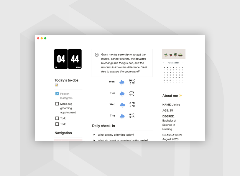 Janice Studies' student dashboard