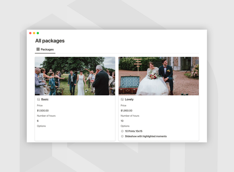 Photographer price packages
