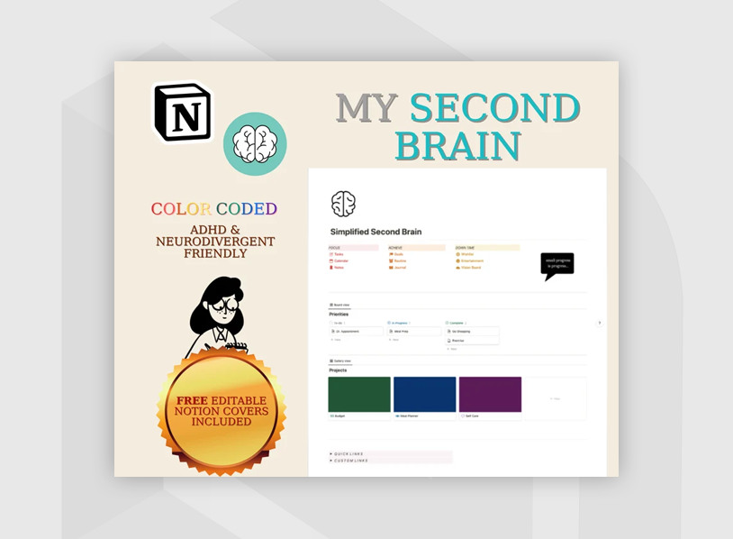 Second Brain Notion Template, Beginner And Neurodivergent Friendly