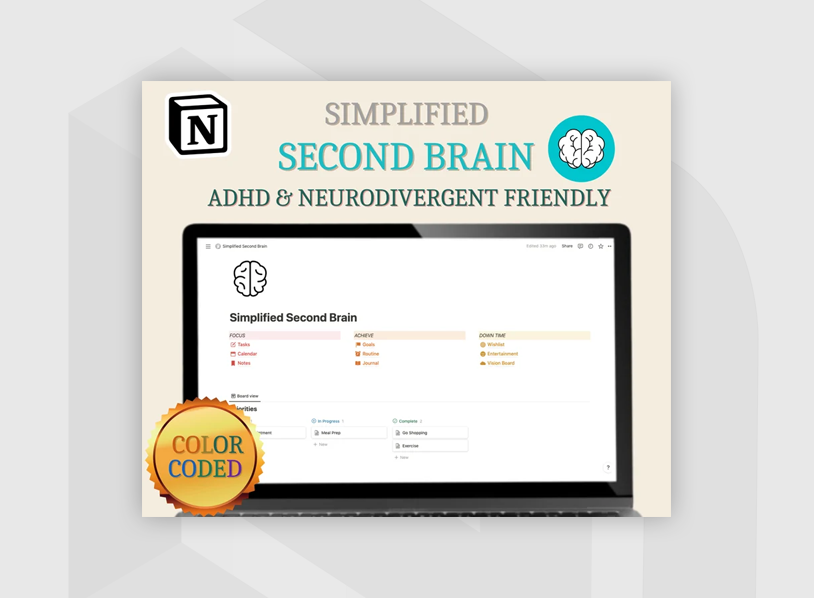 Second Brain Notion Template, Color Coded ADHD Planner