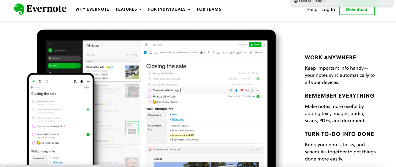 evernote front page