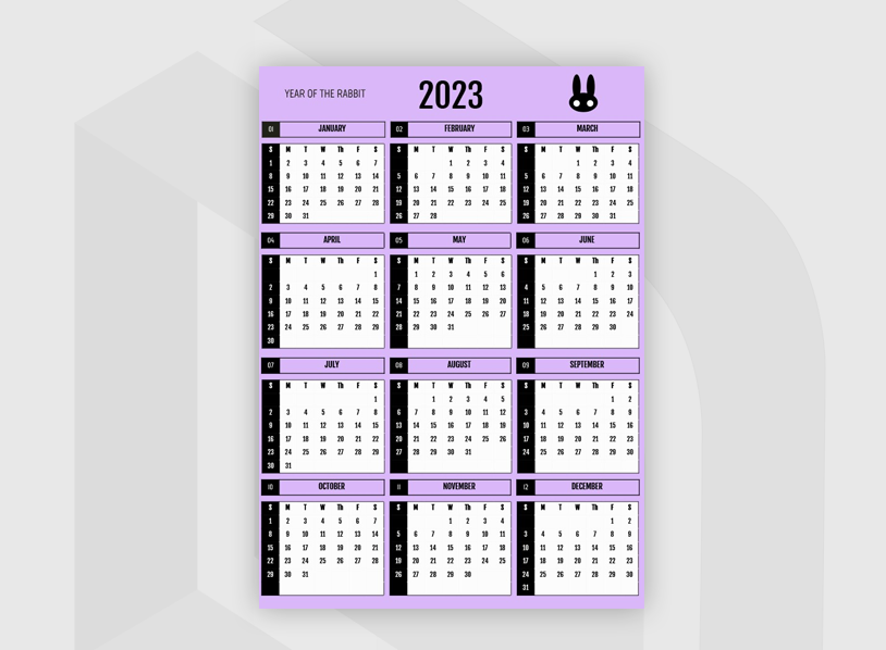 Purple Yearly Calendar 2023