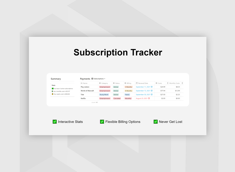 Subscription Tracker Notion Template